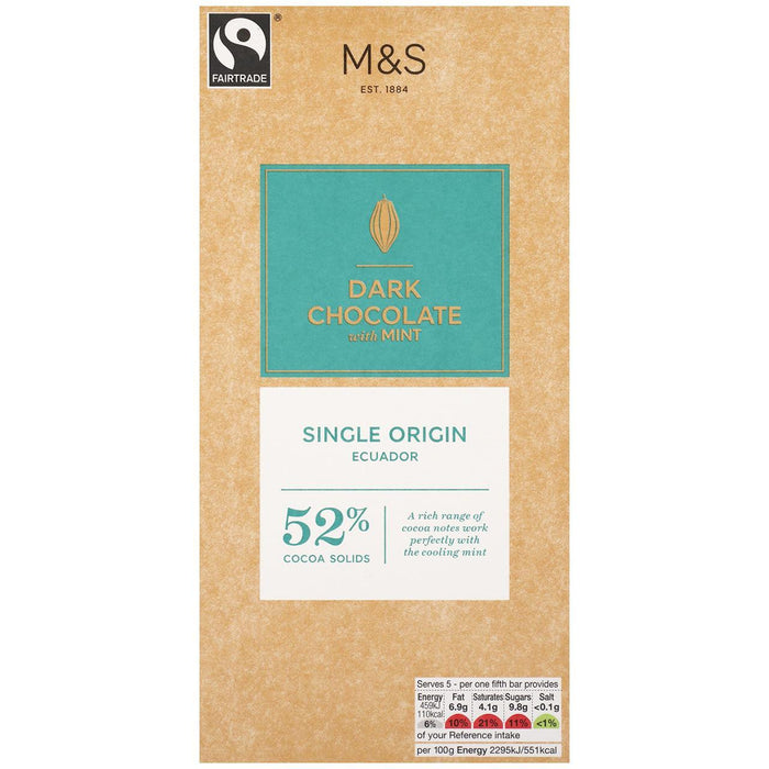 M&S Fairtrade 52% de chocolat noir de cacao avec menthe 100g